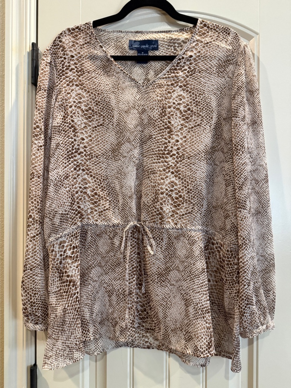 Susan Graver Style Snake Print Sheer V-Neck Blouse Size M